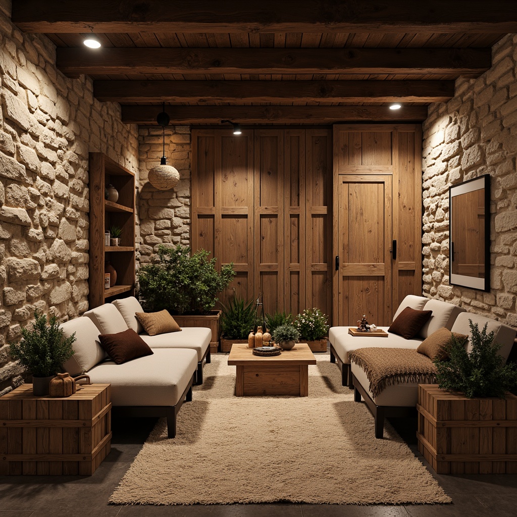 Prompt: Rustic basement, natural stone walls, exposed brick accents, earthy color palette, reclaimed wood planks, distressed finishes, vintage decor, cozy ambiance, warm lighting, textured concrete floors, industrial metal beams, rugged wooden crates, natural fiber rugs, earth-toned ceramics, organic shapes, 1/1 composition, softbox lighting, shallow depth of field.