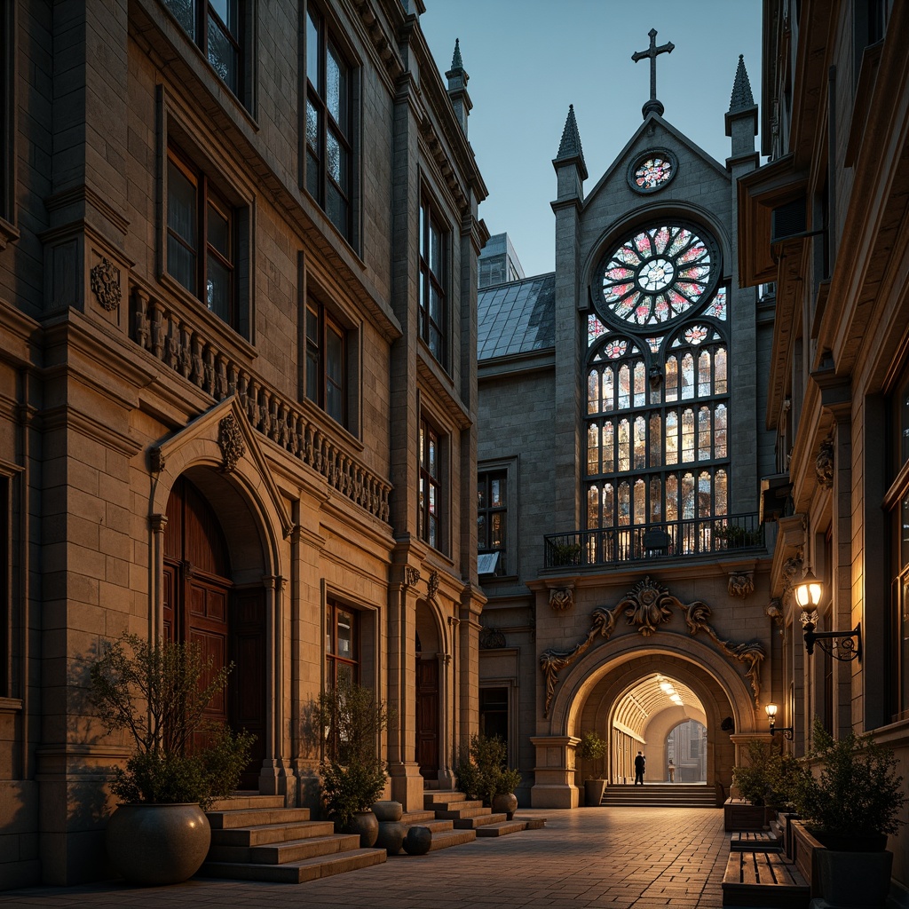 Prompt: Intricate stone carvings, ornate facades, ribbed vaults, pointed arches, flying buttresses, stained glass windows, grandiose entranceways, mystical gargoyles, lavish pinnacles, dramatic lighting, eerie shadows, atmospheric mist, high-angle shot, 1/2 composition, warm golden tones, rich textures, ambient occlusion.