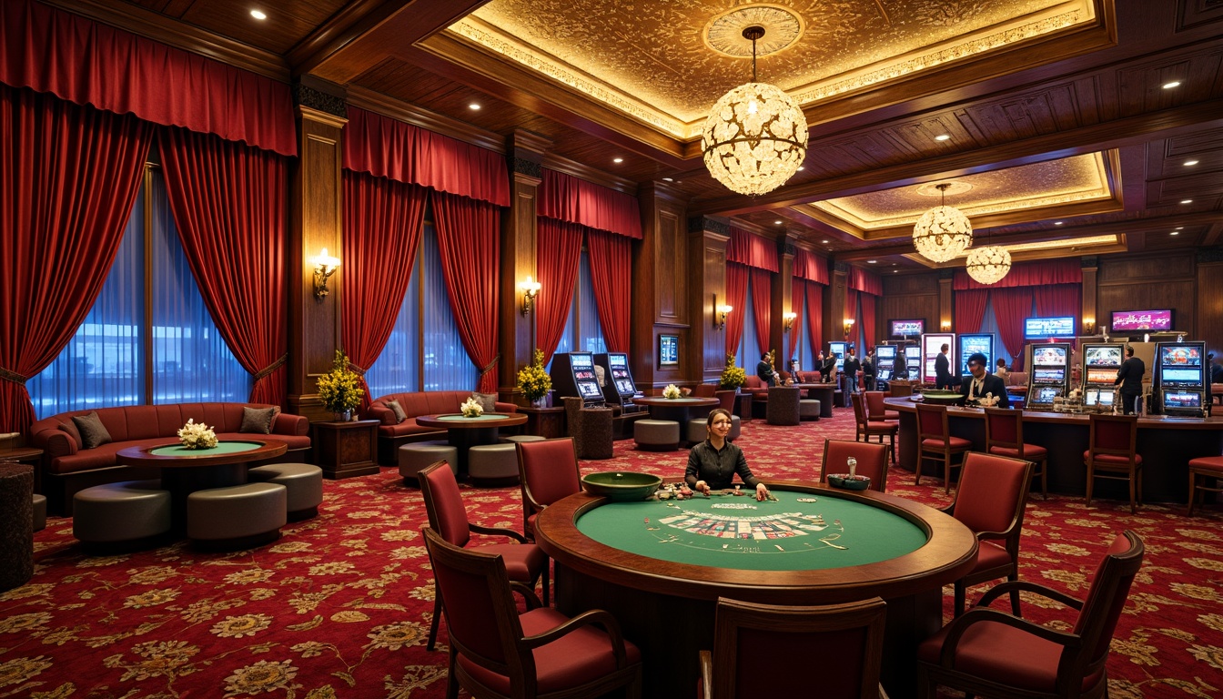 Prompt: Luxurious casino, rich velvet drapes, ornate golden chandeliers, intricately patterned rugs, lavish furniture, plush sofas, tufted armchairs, polished wooden tables, carved wooden accents, elegant blackjack tables, roulette wheels, slot machines, flashy neon lights, dim warm ambiance, 1/1 composition, shallow depth of field, realistic textures, ambient occlusion.