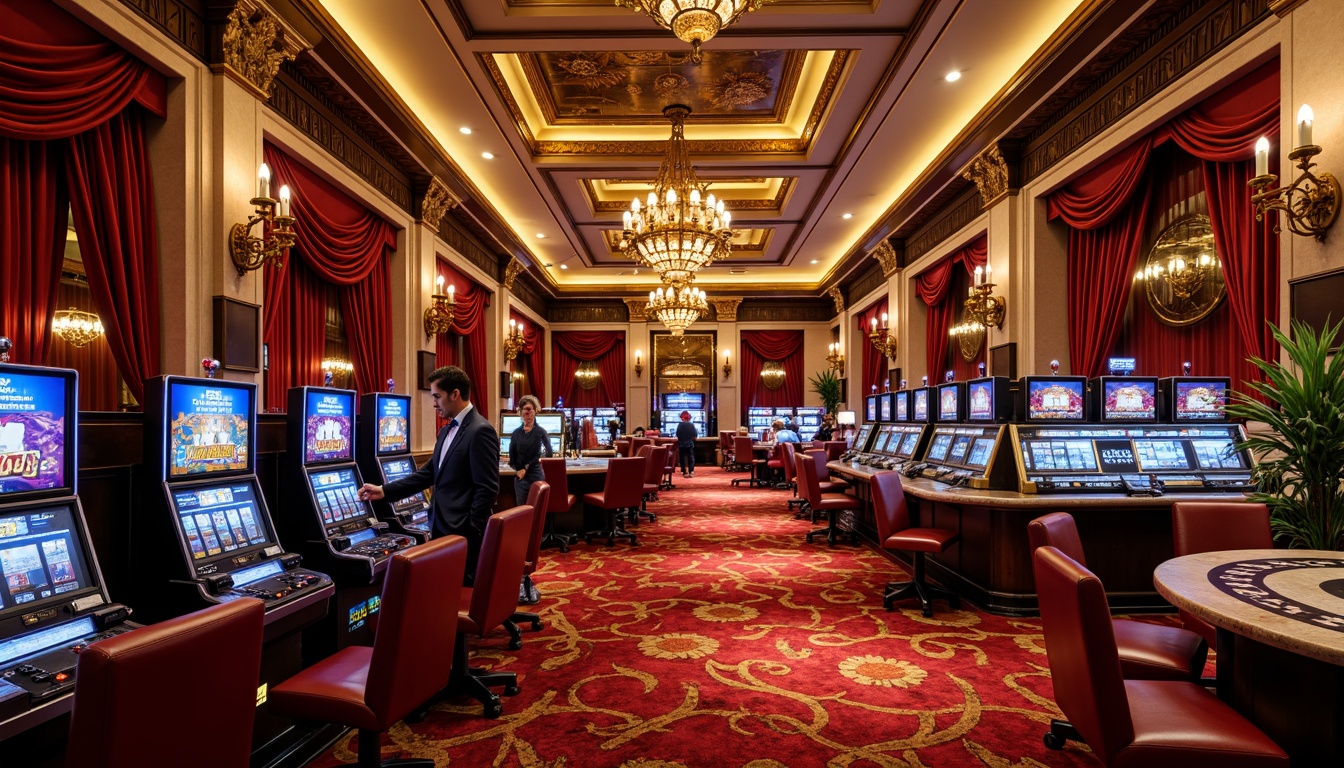 Prompt: Luxurious casino interior, rich velvet drapes, ornate gold chandeliers, intricate moldings, lavish furnishings, plush red carpets, ornamental mirrors, flashy LED lights, glamorous slot machines, elegant poker tables, sophisticated bars, opulent crystal decorations, luxurious leather chairs, grand staircase, majestic high ceilings, warm ambient lighting, dramatic spotlights, 1/2 composition, shallow depth of field, realistic textures, atmospheric rendering.