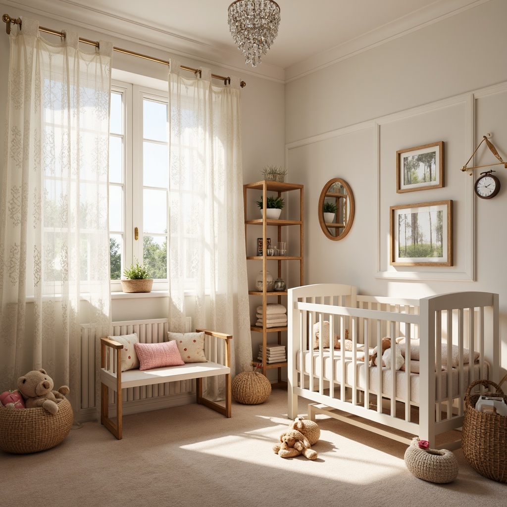 Prompt: Soft pastel colors, adorable baby furniture, plush toys, delicate lace curtains, gentle floral patterns, warm beige carpeting, cream-colored crib, cozy reading nook, natural wood shelves, vintage-inspired wall art, subtle sparkle chandelier, creamy white walls, oval-shaped mirrors, woven baskets, soothing ambient lighting, shallow depth of field, 3/4 composition, warm and inviting atmosphere.