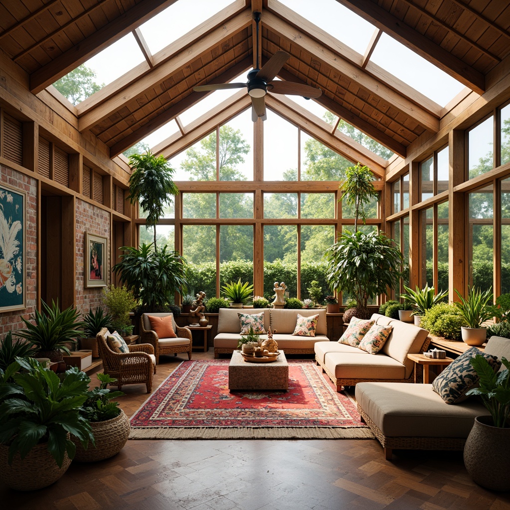 Prompt: Vibrant sunroom, eclectic style, natural light pouring in, large skylights, floor-to-ceiling windows, warm wood accents, colorful textiles, plush furnishings, lush greenery, exotic plants, rattan furniture, wicker baskets, global-inspired decor, abstract artwork, unique sculptures, mixed metallic finishes, reclaimed wood beams, cozy reading nooks, soft warm lighting, shallow depth of field, 3/4 composition, panoramic view, realistic textures, ambient occlusion.