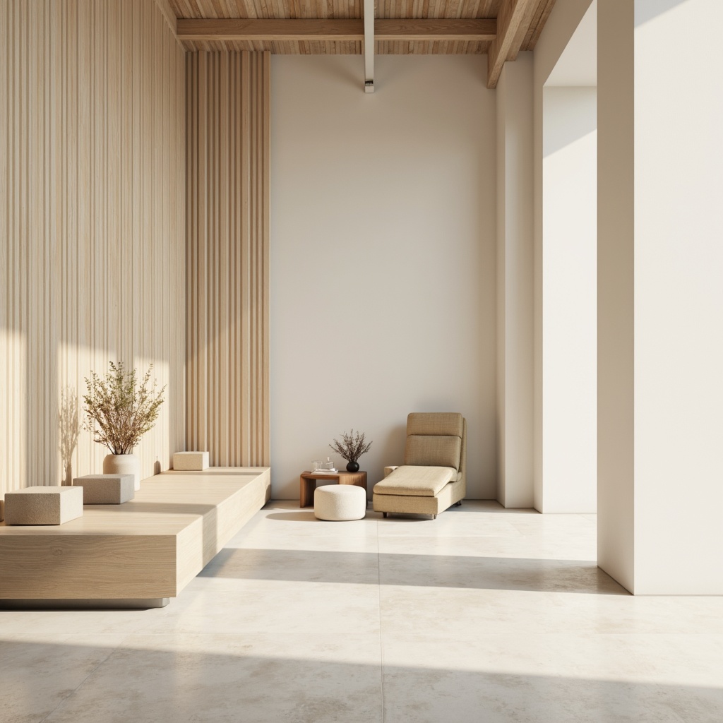 Prompt: Minimalist interior, monochromatic color scheme, soft pastel hues, creamy whites, warm beiges, natural wood tones, industrial metals, clean lines, minimal ornamentation, abundant negative space, calm ambiance, soft diffused lighting, shallow depth of field, 1/1 composition, realistic textures.