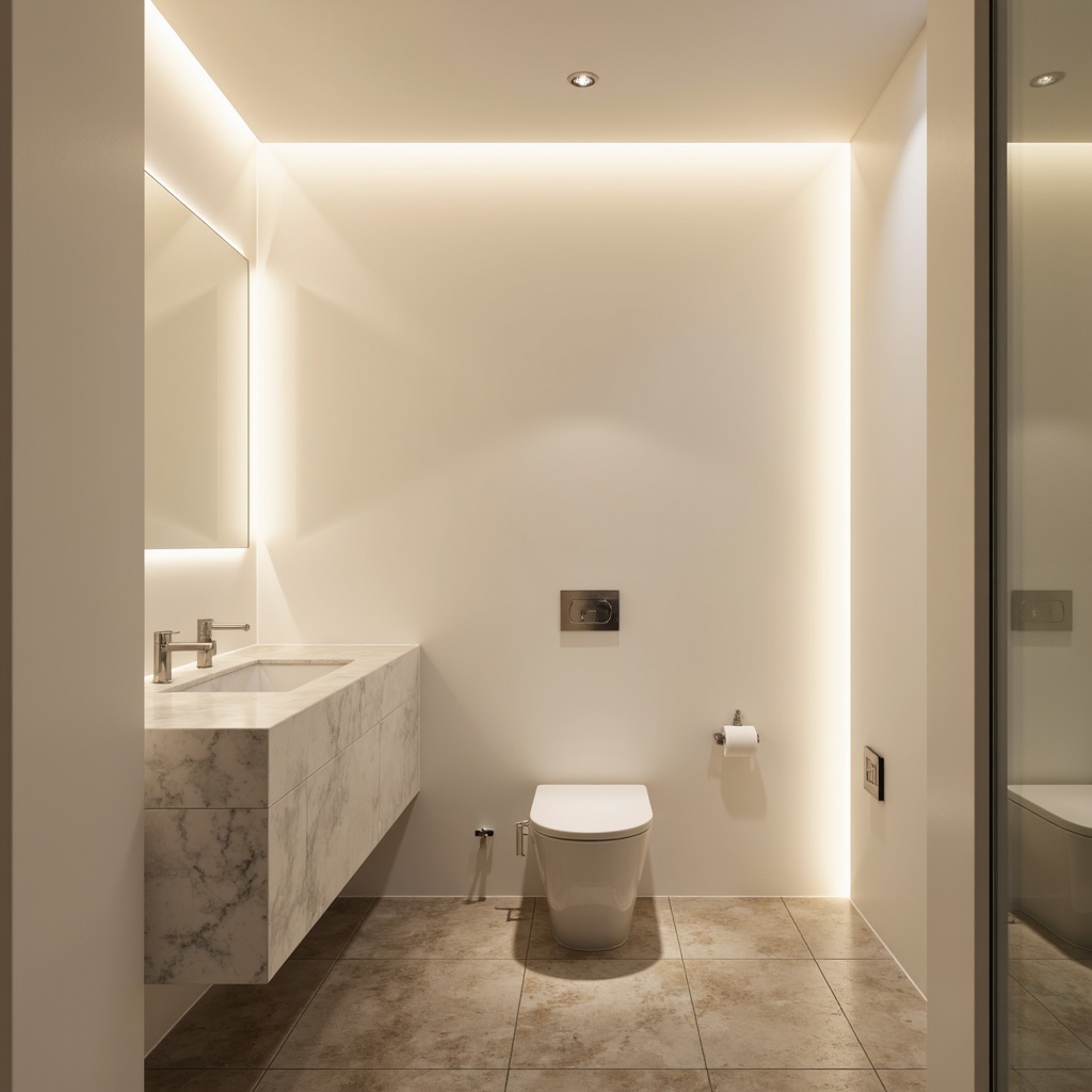 Prompt: Minimalist powder room, soft warm glow, subtle LED strips, recessed ceiling lights, sleek chrome fixtures, matte white walls, polished marble countertops, simple rectangular sink, wall-mounted faucet, frosted glass door, ambient indirect lighting, 1/1 composition, shallow depth of field, natural textures, soft shadows.