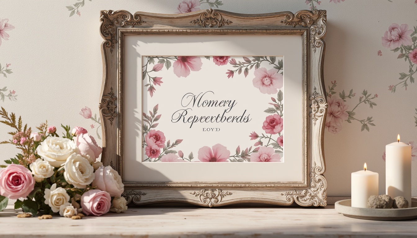 Prompt: Soft feminine accents, distressed wood textures, vintage ornate frames, pastel hues, muted rose tones, creamy whites, pale blues, weathered metal details, lace trimmings, linen fabrics, floral patterns, subtle sheen, warm candlelight, 1/1 composition, shallow depth of field, romantic atmosphere, whimsical illustrations, ornate typography.