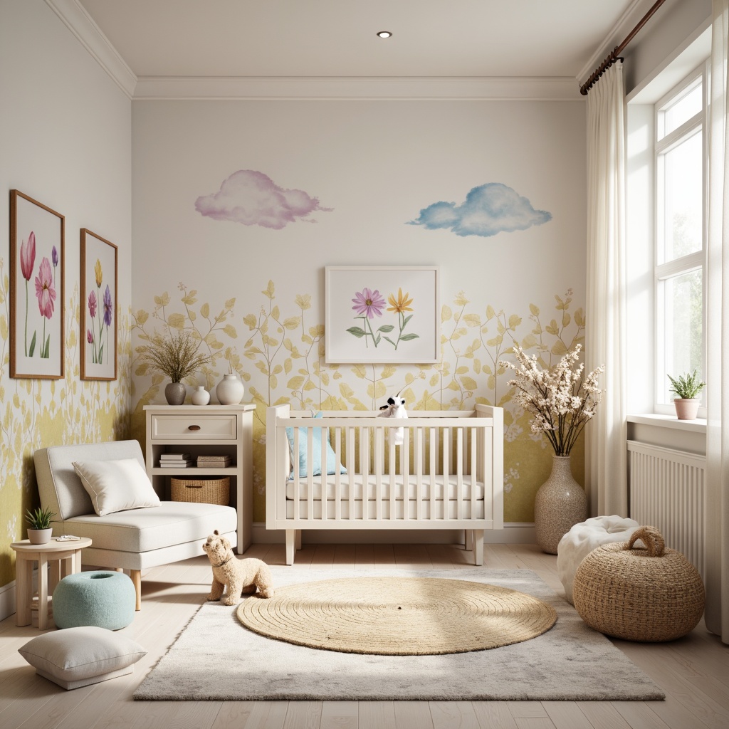 Prompt: Whimsical nursery, soft pastel hues, gentle cream tones, soothing lavender shades, pale blue accents, creamy white furniture, plush toys, delicate floral patterns, natural wood textures, warm golden lighting, shallow depth of field, 1/1 composition, inviting atmosphere, serene ambiance.