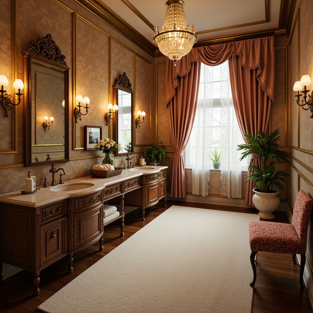 Prompt: Elegant powder room, ornate mirrors, luxurious velvet upholstery, carved wooden vanities, antique bronze fixtures, crystal chandeliers, soft plush carpets, creamy marble countertops, delicate lace curtains, warm golden lighting, shallow depth of field, 1/1 composition, realistic textures, ambient occlusion.