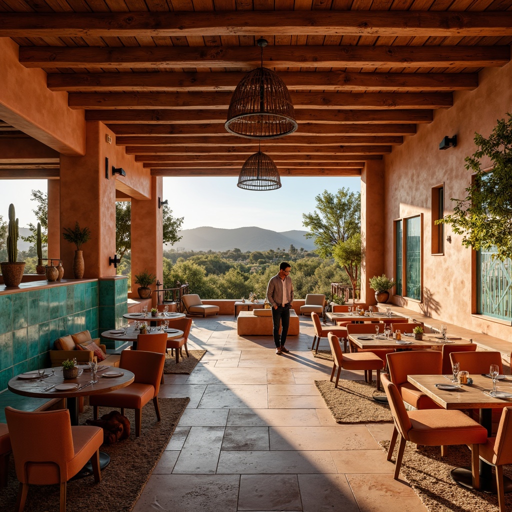 Prompt: Earthy Southwestern dining hall, warm terracotta walls, rustic wooden accents, vibrant turquoise decorative tiles, rich sienna red furniture, natural jute rugs, woven wicker lighting fixtures, distressed metal details, bold geometric patterns, sunny desert landscape views, clear blue skies, lush green cacti, warm golden hour lighting, shallow depth of field, 2/3 composition, realistic textures, ambient occlusion.