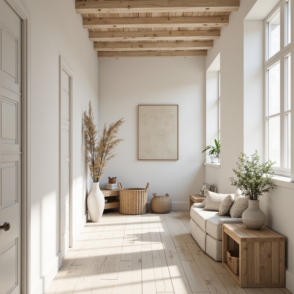 Prompt: Light-filled Scandinavian hallway, white-washed wooden planks, bleached oak flooring, pale birch wood accents, minimalistic design, soft warm lighting, natural textiles, woven baskets, simple geometric patterns, matte finishes, subtle color palette, Nordic-inspired furniture, minimalist decor, airy atmosphere, shallow depth of field, 1/1 composition, realistic wood textures, ambient occlusion.