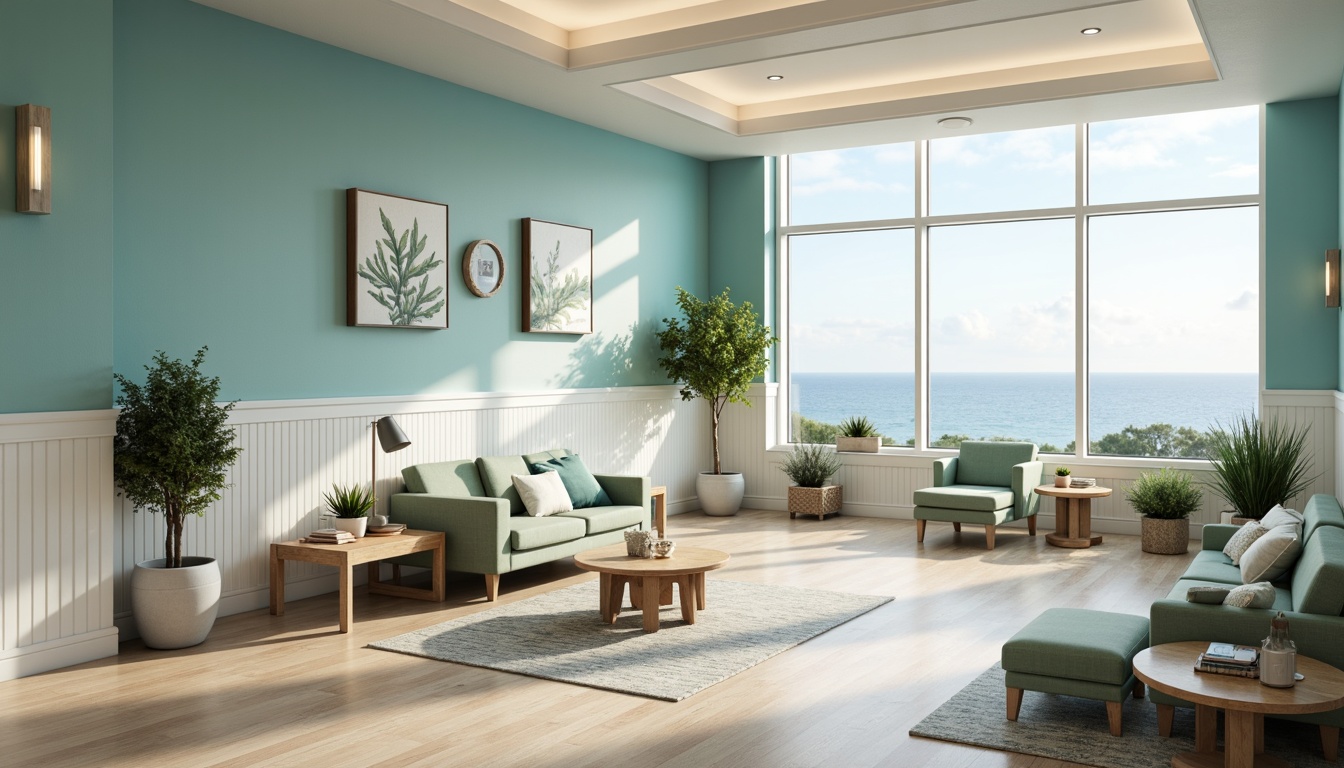 Prompt: Soothing coastal hospital interior, calming ocean blue walls, crisp white trim, warm beige floors, natural wood accents, soft sage green furniture, coral-inspired artwork, gentle wave-patterned textiles, sea salt-infused color scheme, driftwood decorative elements, airy open spaces, abundant natural light, floor-to-ceiling windows, serene ocean views, subtle nautical references, minimalist decor, calming ambiance, relaxing atmosphere, warm white lighting, 1/2 composition, shallow depth of field.