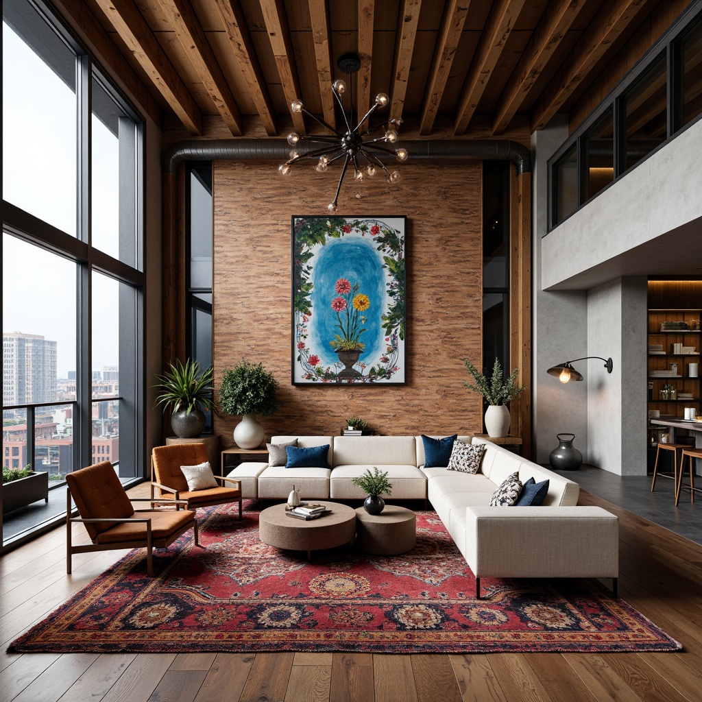 Prompt: Eclectic penthouse, luxurious living space, industrial chic decor, reclaimed wood accents, exposed brick walls, metal beams, eclectic art pieces, vibrant colorful textiles, unique furniture designs, statement lighting fixtures, ornate chandeliers, pendant lamps, sputnik chandeliers, Edison bulb fixtures, distressed finishes, urban cityscape views, floor-to-ceiling windows, modern minimalist architecture, dramatic high ceilings, lavish furnishings, soft warm lighting, shallow depth of field, 1/1 composition, realistic textures, ambient occlusion.