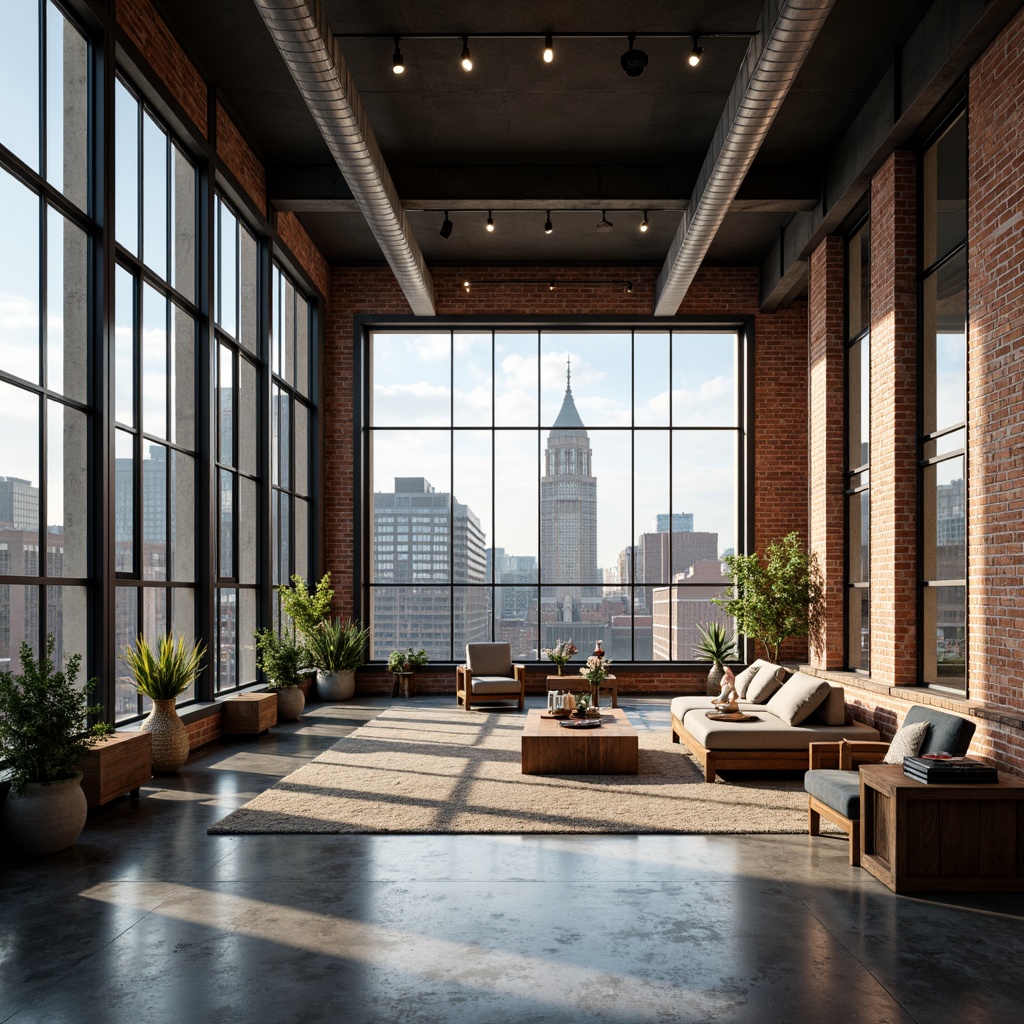 Prompt: Industrial-chic loft, exposed brick walls, polished concrete floors, modern minimalist decor, sleek glass accents, floor-to-ceiling windows, urban cityscape views, natural light pouring in, airy open space, steel beams, reclaimed wood furniture, cozy reading nooks, plush area rugs, warm LED lighting, 1/1 composition, soft focus, atmospheric perspective.