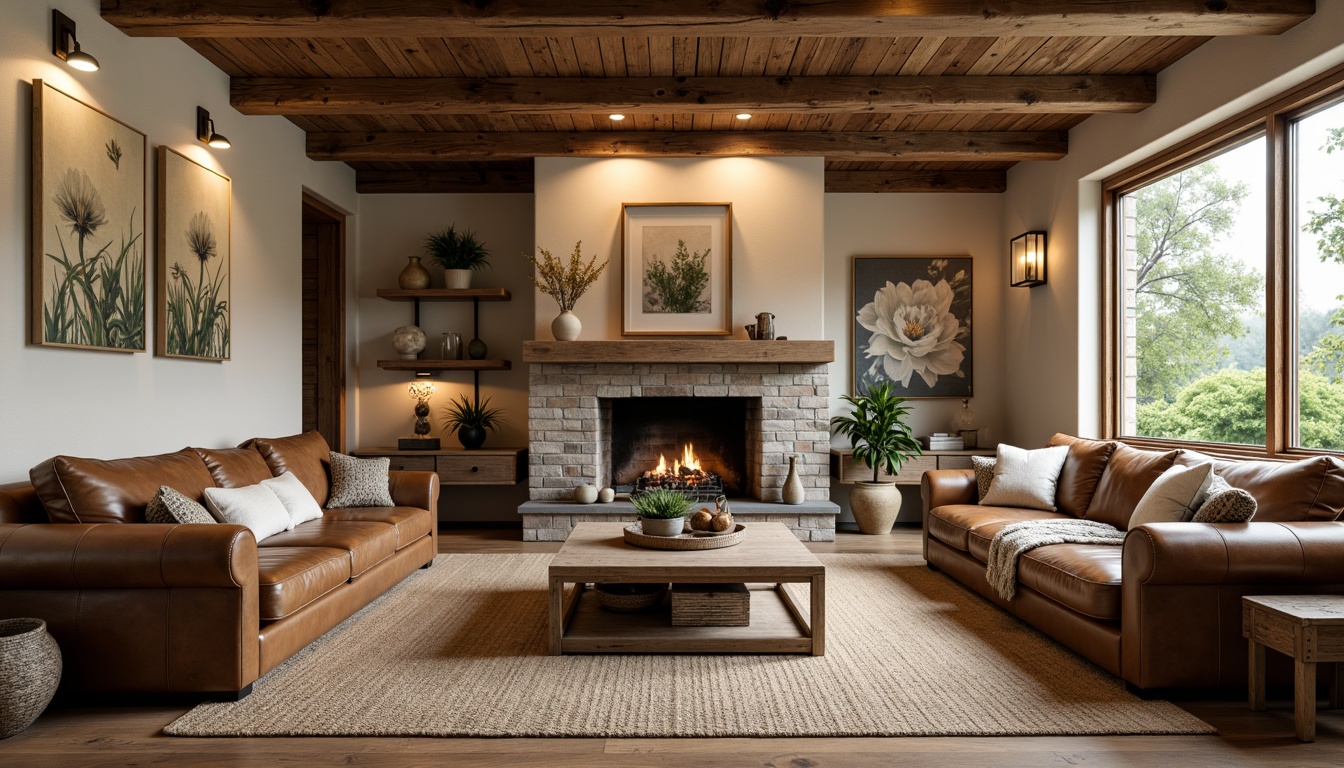 Prompt: Rustic family room, distressed wood furniture, vintage metal decor, earthy color palette, warm beige walls, natural stone fireplace, woven jute rugs, plush throw blankets, wooden ceiling beams, lantern-style lighting fixtures, nature-inspired artwork, botanical prints, worn leather sofas, chunky knit textiles, organic shapes, cozy reading nooks, soft warm lighting, shallow depth of field, 3/4 composition, panoramic view, realistic textures, ambient occlusion.