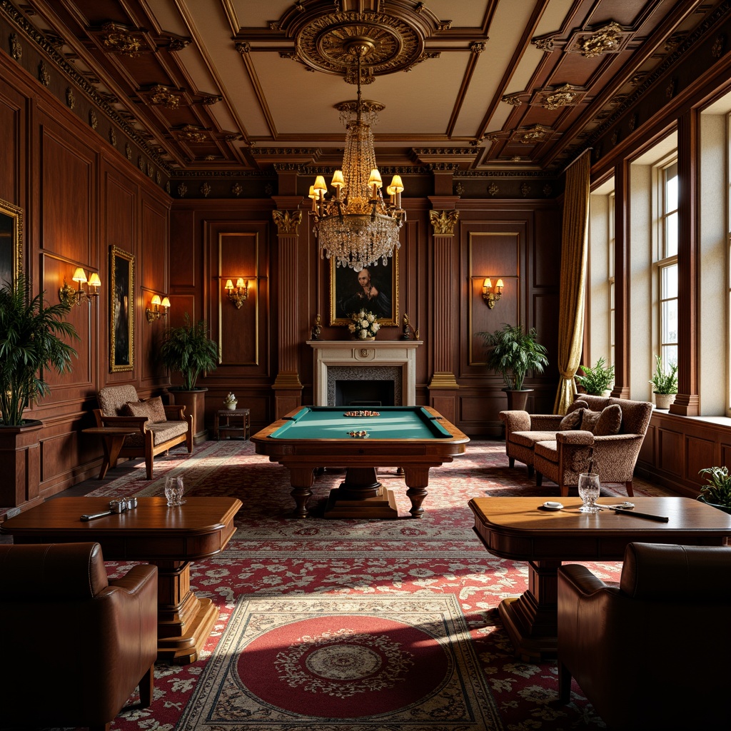 Prompt: Luxurious game room, neoclassical style, ornate wooden furniture, carved mahogany tables, velvet sofas, golden accents, intricate moldings, crystal chandeliers, rich brown leather armchairs, decorative mirrors, lavish drapes, patterned rugs, stately columns, grand pianos, warm candlelight, dramatic shadows, 1/1 composition, shallow depth of field, realistic textures, ambient occlusion.