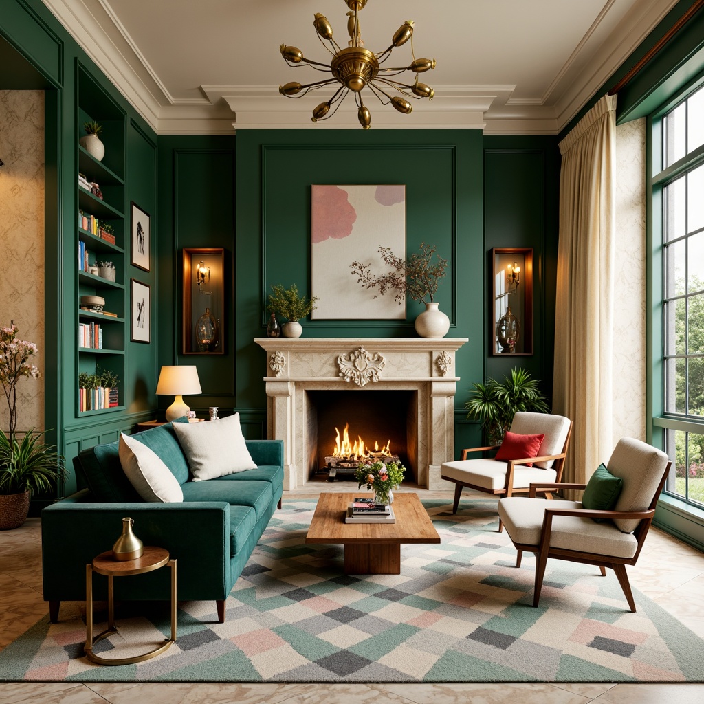 Prompt: Vibrant living room, bold modern furniture, rich wood accents, emerald green walls, creamy white trim, warm golden lighting, plush velvet textiles, metallic gold decor, geometric patterned rugs, luxurious marble floors, soft pastel-hued pillows, abstract artwork, eclectic vintage accessories, natural linen drapes, warm beige stone fireplace, cozy reading nook, inviting atmosphere, 1/2 composition, intimate warm lighting, realistic textures.