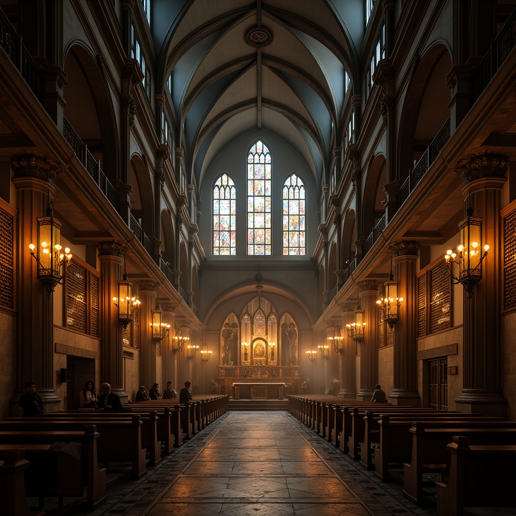 Prompt: Grand cathedral interior, stained glass windows, ornate chandeliers, lantern-style sconces, candle-like pendant lights, dark wood accents, mysterious shadows, warm golden lighting, dramatic beam angles, vaulted ceilings, intricate stone carvings, rich velvet drapes, mystical atmosphere, eerie fog effects, cinematic low-key lighting, 1/2 composition, narrow depth of field, soft focus background.