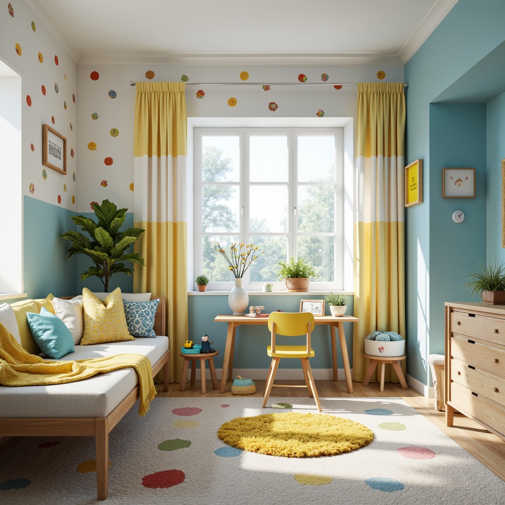 Prompt: Vibrant kids' bedroom, soft pastel hues, calming blue tones, warm yellow accents, playful polka dots, whimsical stripes, cozy textiles, plush carpets, colorful wall decals, fun decorative pillows, lively furniture shapes, modern kid-friendly designs, natural morning light, gentle shadows, 1/2 composition, intimate atmosphere, subtle texture blending.