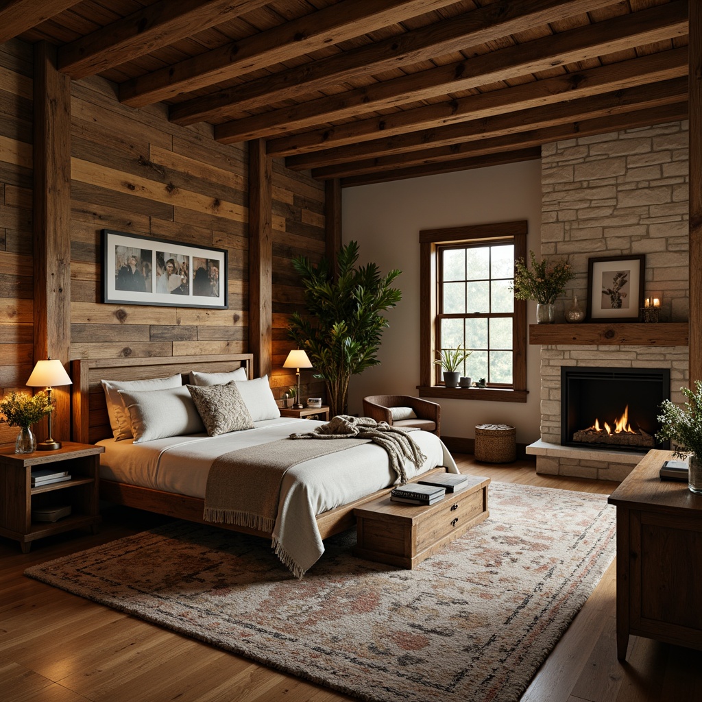 Prompt: Cozy rustic bedroom, wooden furniture, distressed finishes, vintage decor, plush area rug, comfortable king-size bed, natural linen bedding, earthy color palette, reclaimed wood accent wall, stone fireplace, warm ambient lighting, soft shadows, 1/2 composition, intimate atmosphere, organic textures, subtle grain details.