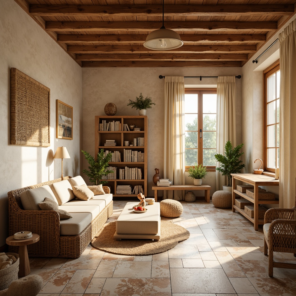 Prompt: Rustic kindergarten, distressed wood flooring, soft warm beige tones, natural stone accents, woven wicker furniture, vintage-inspired decor, earthy color palette, ceramic tile inlays, traditional French country charm, cozy reading nooks, soft area rugs, wooden beams, large windows, warm afternoon lighting, shallow depth of field, 3/4 composition, realistic textures, ambient occlusion.