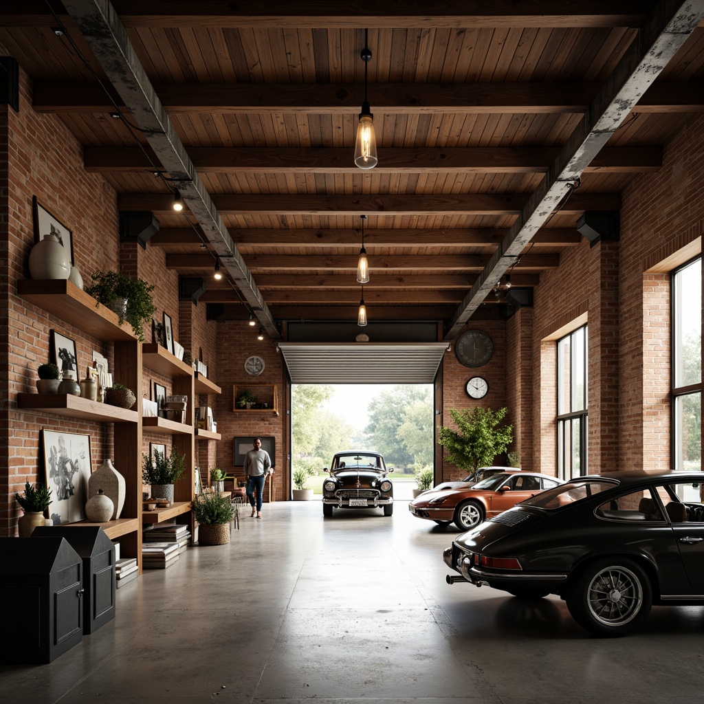 Prompt: Mid-century modern garage, industrial-chic aesthetic, exposed brick walls, polished concrete floors, wooden accents, vintage car displays, suspended metal lanterns, pendant lighting fixtures, Edison bulb details, minimalist shelving units, steel beams, natural light pouring in, soft warm glow, early morning ambiance, shallow depth of field, 1/1 composition, realistic textures, ambient occlusion.