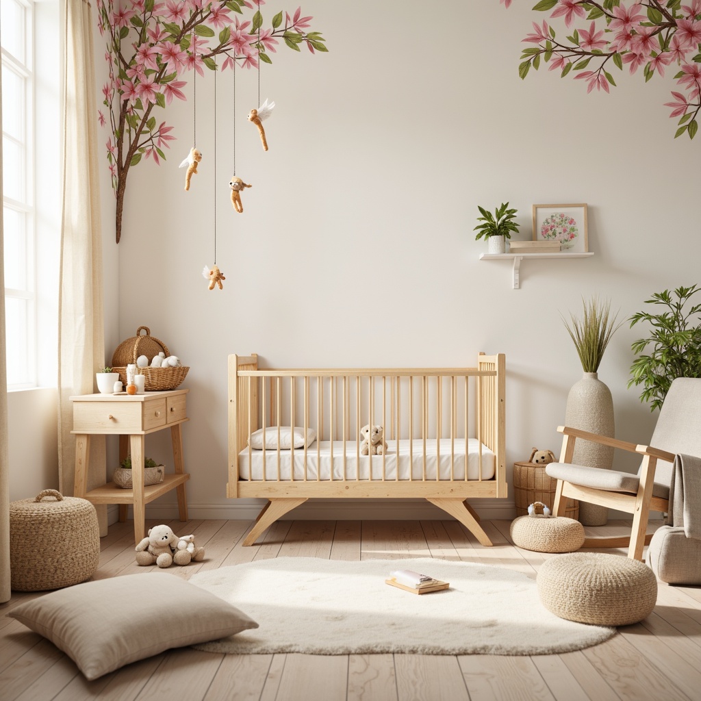 Prompt: Whimsical baby nursery, soft pastel colors, delicate florals, plush toys, wooden crib, gentle curves, creamy whites, beige fabrics, warm golden lighting, subtle textures, minimalist decor, rounded shapes, adorable stuffed animals, tiny furniture, sweet mobiles, dreamy atmosphere, shallow depth of field, 1/1 composition, cozy reading nook, comfortable glider, tranquil ambiance.