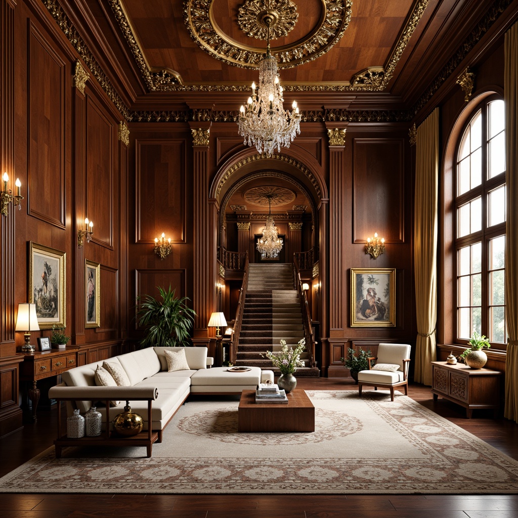 Prompt: Opulent living room, rich wood paneling, ornate moldings, gilded details, velvet drapes, crystal chandeliers, luxurious furniture, intricate carvings, marble flooring, grand staircase, lavish textiles, golden accents, soft warm lighting, shallow depth of field, 1/1 composition, realistic textures, ambient occlusion.