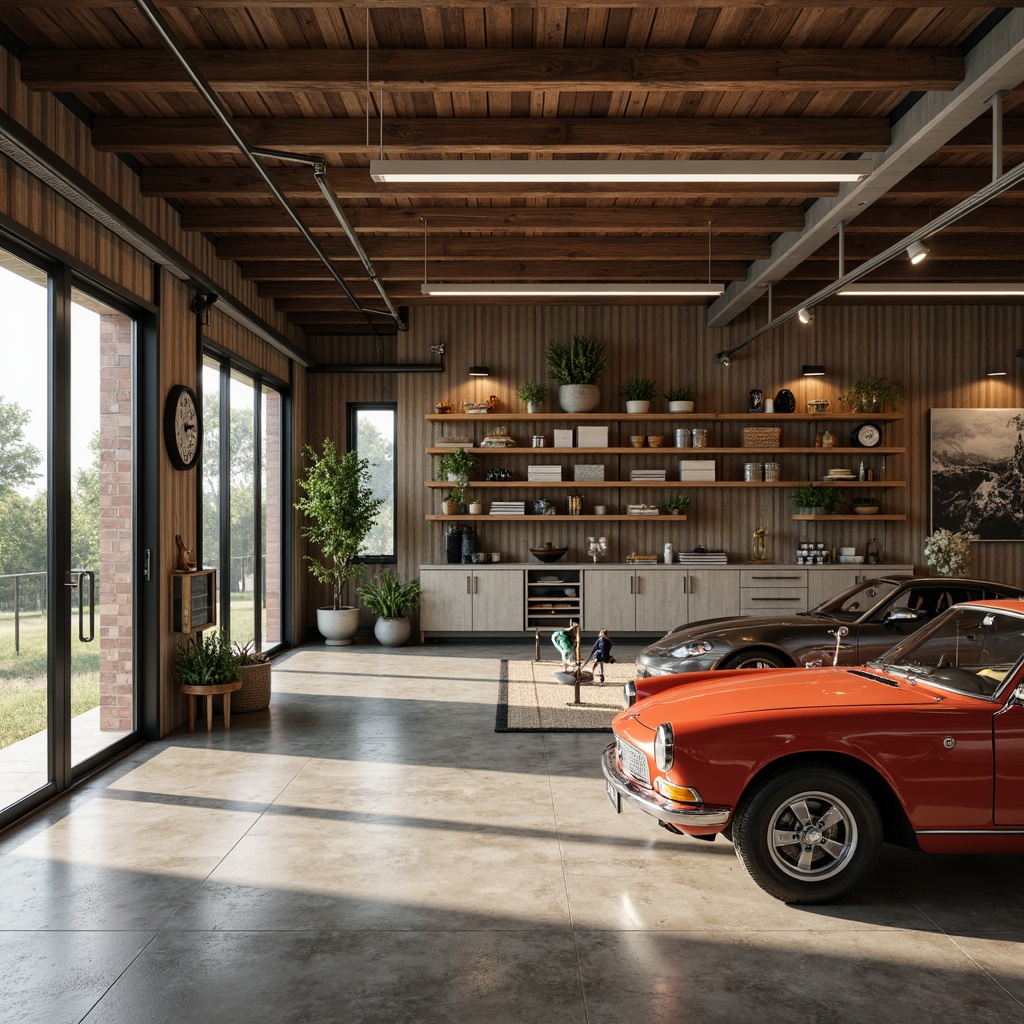 Prompt: Retro-style garage, mid-century modern architecture, sleek metal doors, polished concrete floors, industrial-chic lighting fixtures, reclaimed wood accents, minimalist shelving units, customizable storage cabinets, vintage-inspired automotive decor, distressed finishes, warm earthy tones, natural textures, rustic charm, abundant natural light, shallow depth of field, 1/2 composition, realistic renderings, ambient occlusion.