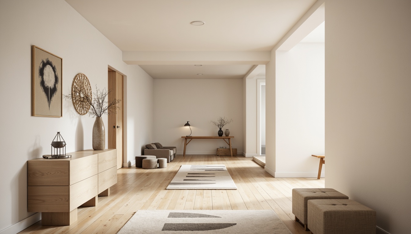 Prompt: Minimalist Scandinavian hallway, light-wooden floorboards, soft beige walls, sparse decorative elements, sleek modern console tables, minimalist metal lamps, geometric-patterned rugs, natural fiber upholstery, low-profile benches, subtle ambient lighting, shallow depth of field, 1/1 composition, panoramic view, realistic textures, ambient occlusion.