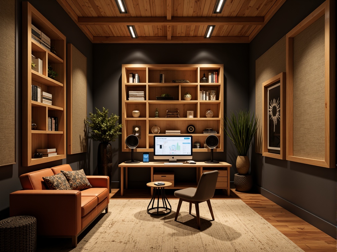 Prompt: Cozy recording studio, professional audio equipment, soundproofing materials, acoustic panels, wooden frames, fabric-wrapped surfaces, diffused reflections, minimal echo, crisp clear sound, balanced frequency response, precise vocal clarity, intimate ambiance, warm soft lighting, 1/1 composition, shallow depth of field, realistic textures.