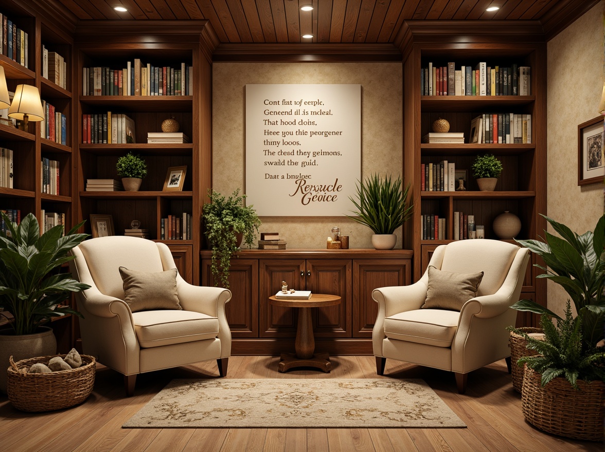 Prompt: Cozy reading nook, warm earthy tones, rich wood accents, plush velvet fabrics, soft golden lighting, comfortable oversized armchairs, vintage bookshelves, distressed wooden crates, natural stone walls, lush greenery, calming atmosphere, serene ambiance, warm beige colors, creamy whites, muted blues, elegant typography, classic literary quotes, intimate setting, relaxed mood, shallow depth of field, 1/1 composition, soft focus, realistic textures.