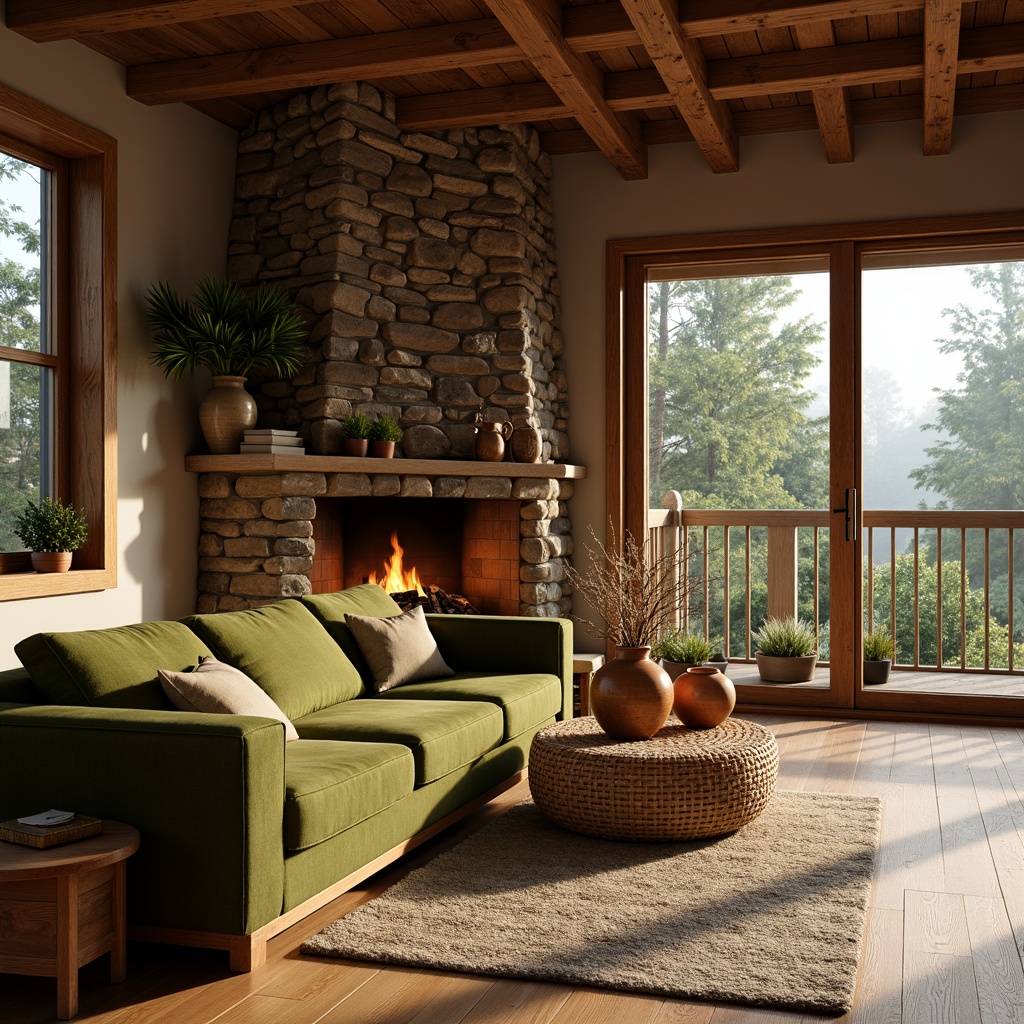 Prompt: Earthy tones inspired cabin, wooden accents, natural stone walls, cozy fireplace, plush green velvet sofa, woven rattan coffee table, earthy terracotta vases, potted plants, warm beige rug, soft golden lighting, shallow depth of field, 1/1 composition, realistic textures, ambient occlusion, misty forest background, dense foliage, rustic wooden beams, natural materials, organic shapes.