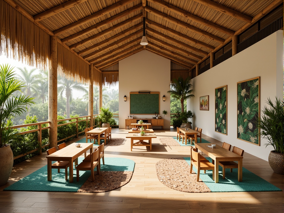 Prompt: Tropical classroom setting, wooden flooring, warm beige tones, exotic hardwood species, bamboo accents, woven rattan mats, natural fiber rugs, coconut shell inlays, vibrant turquoise hues, coral-inspired patterns, palm tree motifs, tropical leaf textures, bright natural light, airy atmosphere, soft diffused lighting, 1/2 composition, shallow depth of field, realistic wood grain details.