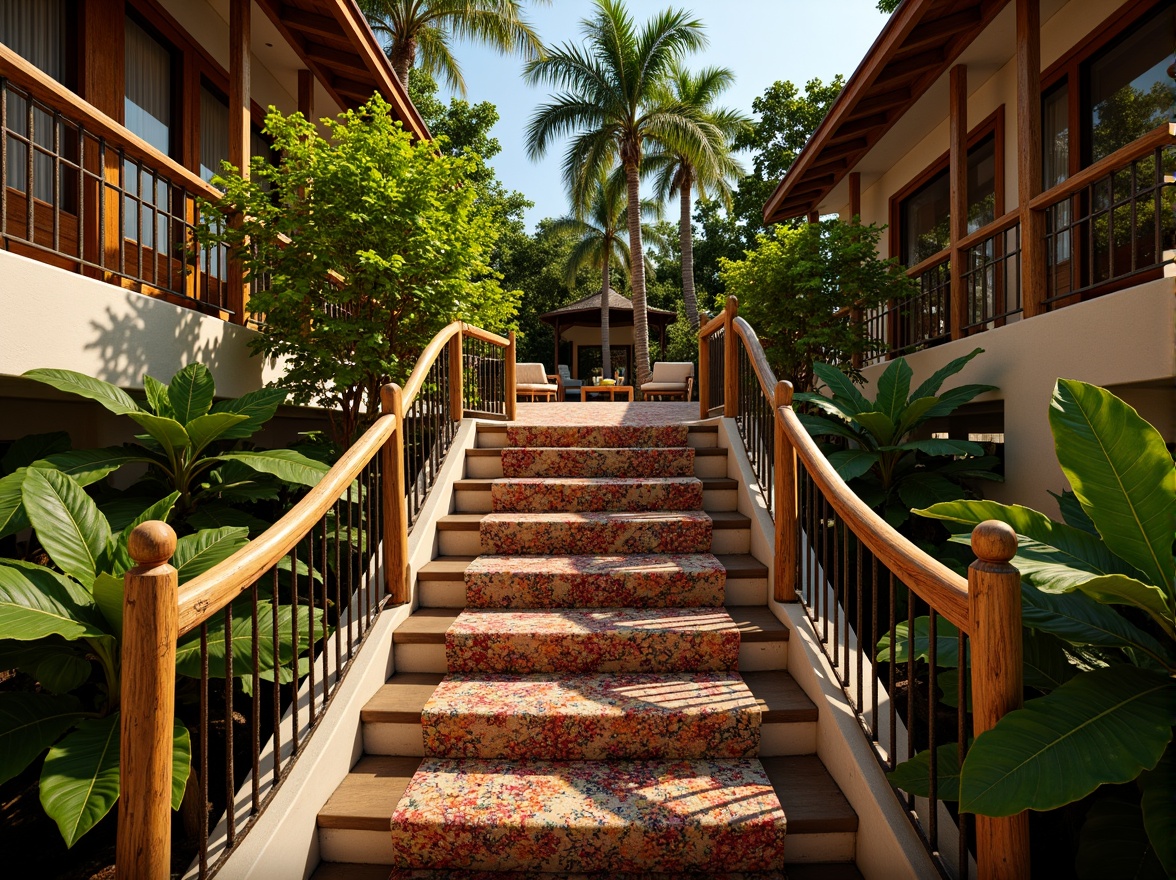 Prompt: Tropical staircase, exotic hardwood rails, ornate metal balusters, lush greenery surroundings, natural stone walls, woven rattan handrails, intricate carvings, vibrant colorful textiles, warm golden lighting, shallow depth of field, 3/4 composition, panoramic view, realistic wood textures, ambient occlusion, beach house setting, ocean views, salty air atmosphere, relaxed tropical vibe.