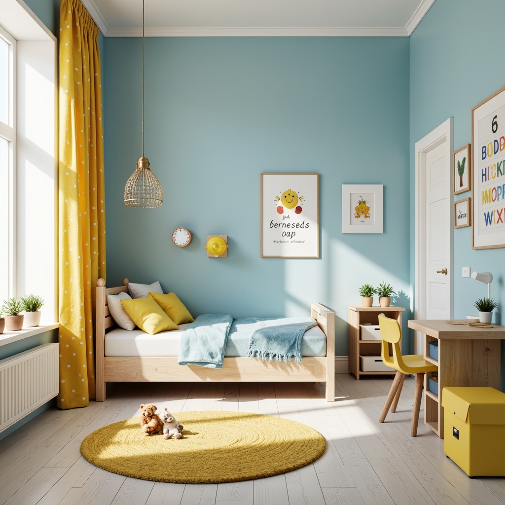 Prompt: Vibrant kids' bedroom, soft pastel colors, gentle blue walls, creamy white furniture, playful yellow accents, whimsical polka dots, colorful storage bins, educational alphabet posters, cozy reading nook, plush area rug, natural wood desk, modern minimalistic decor, warm soft lighting, shallow depth of field, 1/1 composition, realistic textures, ambient occlusion.