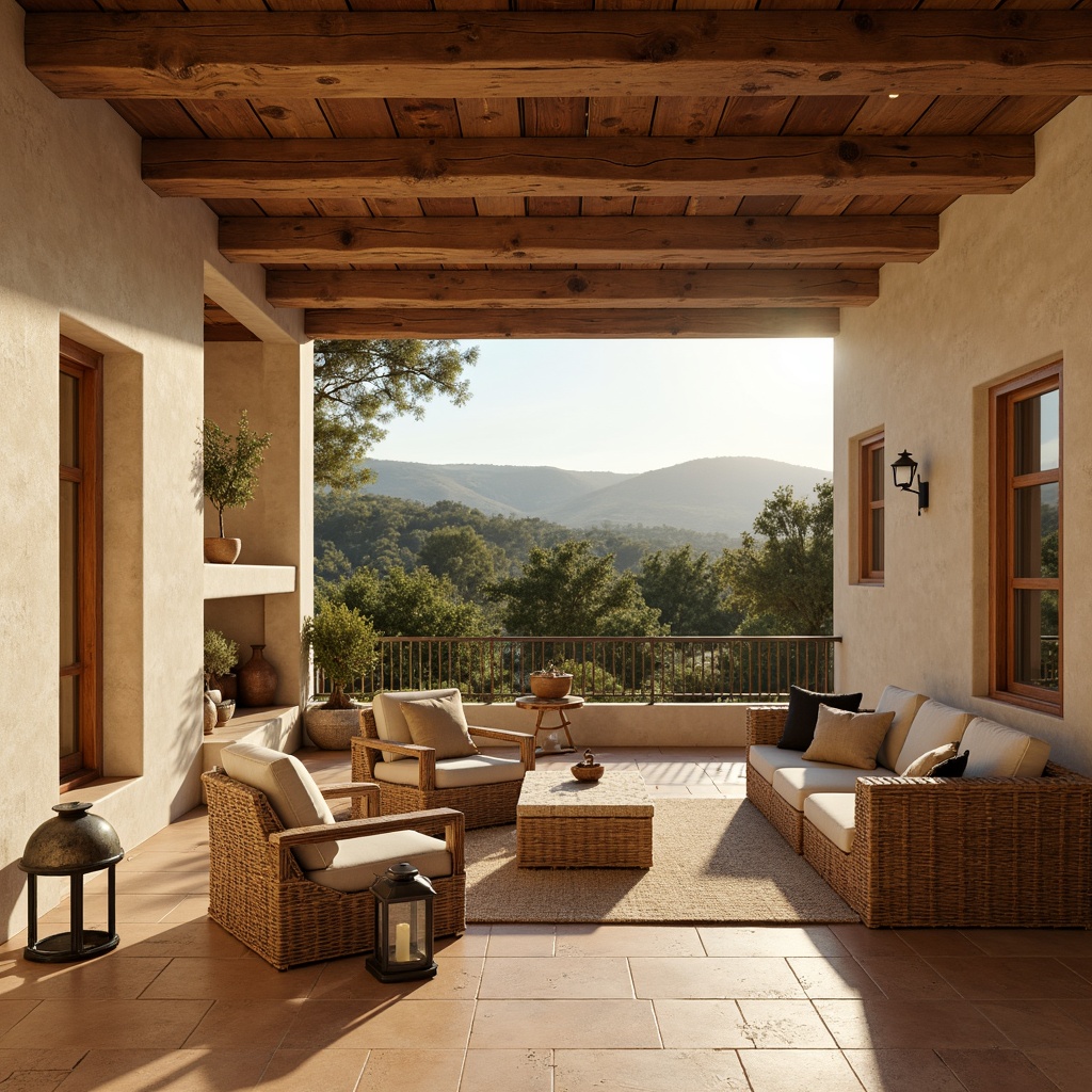 Prompt: Warm beige stucco walls, rustic wooden accents, soft golden lighting, earthy terracotta floors, natural linen fabrics, woven rattan furniture, distressed leather textures, vintage metal lanterns, sun-kissed Mediterranean landscape, rolling hills, olive groves, serene ambiance, shallow depth of field, 3/4 composition, realistic renderings, ambient occlusion.