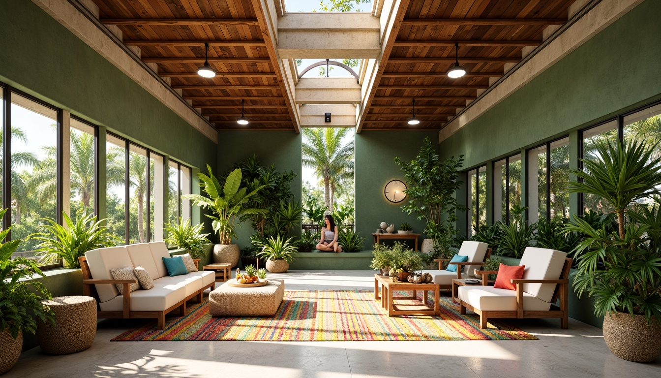 Prompt: Tropical office interior, lush green walls, reclaimed wood accents, natural fiber carpets, rattan furniture, vibrant colorful textiles, large windows, sliding glass doors, clerestory windows, skylights, open floor plan, minimalist decor, airy atmosphere, warm beige tones, organic shapes, living walls, potted plants, soft warm lighting, shallow depth of field, 1/1 composition, panoramic view, realistic textures, ambient occlusion.