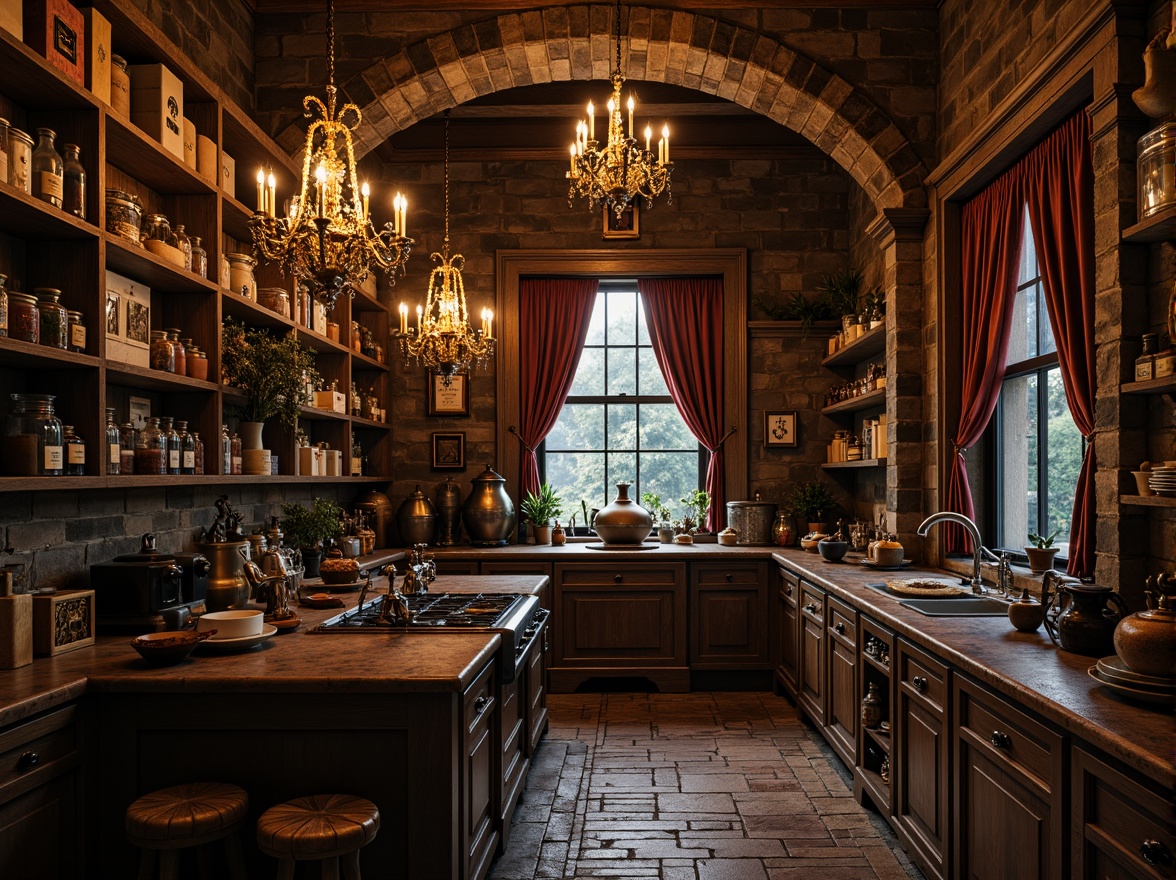 Prompt: Rustic pantry, gothic arches, ornate metalwork, distressed wooden shelves, vintage cooking utensils, antique apothecary jars, mysterious dim lighting, stone walls, worn brick floors, grandiose chandeliers, lavish velvet drapes, intricate carvings, ornate cabinet hardware, mystical old artifacts, warm golden tones, dramatic shadows, shallow depth of field, 1/1 composition, realistic textures, ambient occlusion.