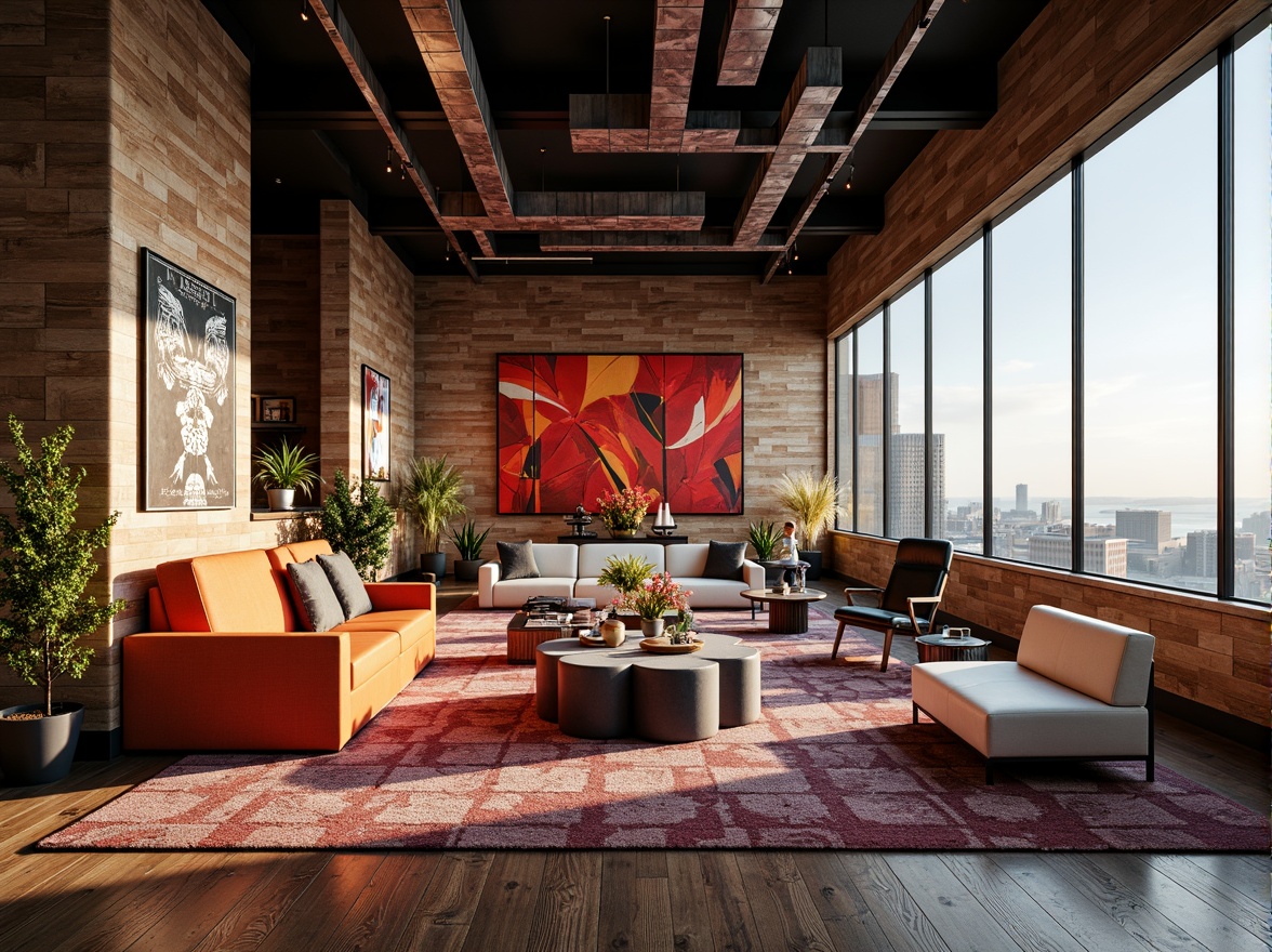 Prompt: Vibrant penthouse interior, eclectic style decor, bold color schemes, textured wall finishes, geometric patterned wallpaper, industrial-chic exposed brick walls, metallic accents, reclaimed wood paneling, abstract artwork, floor-to-ceiling windows, panoramic city views, modern minimalist furniture, plush area rugs, statement light fixtures, 1/1 composition, high-contrast lighting, dramatic shadows, cinematic ambiance.