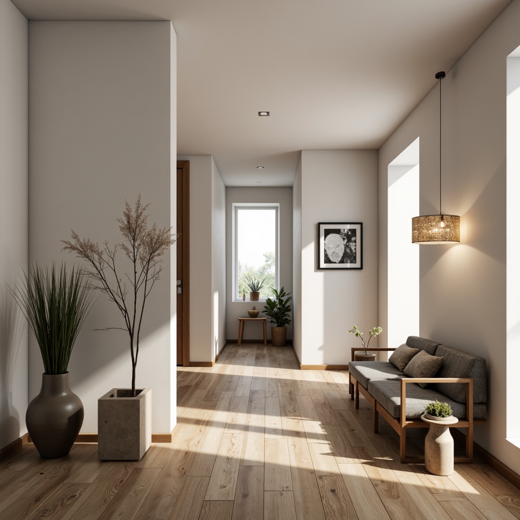 Prompt: Simple modern hall, minimal ornamentation, monochromatic color scheme, sleek lines, Scandinavian-inspired furniture, polished wooden floors, sparse decorative elements, natural textiles, subtle ambient lighting, soft warm glow, shallow depth of field, 1/1 composition, realistic textures, ambient occlusion.