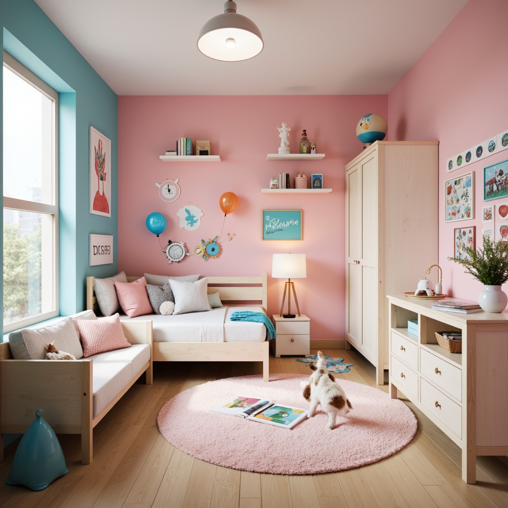 Prompt: Vibrant kids' bedroom, playful color scheme, pastel hues, soft pink walls, calming blue accents, creamy white furniture, natural wood textures, whimsical illustrations, fairy tale characters, educational wall decals, cozy reading nook, plush area rug, warm task lighting, shallow depth of field, 1/1 composition, realistic renderings, ambient occlusion.