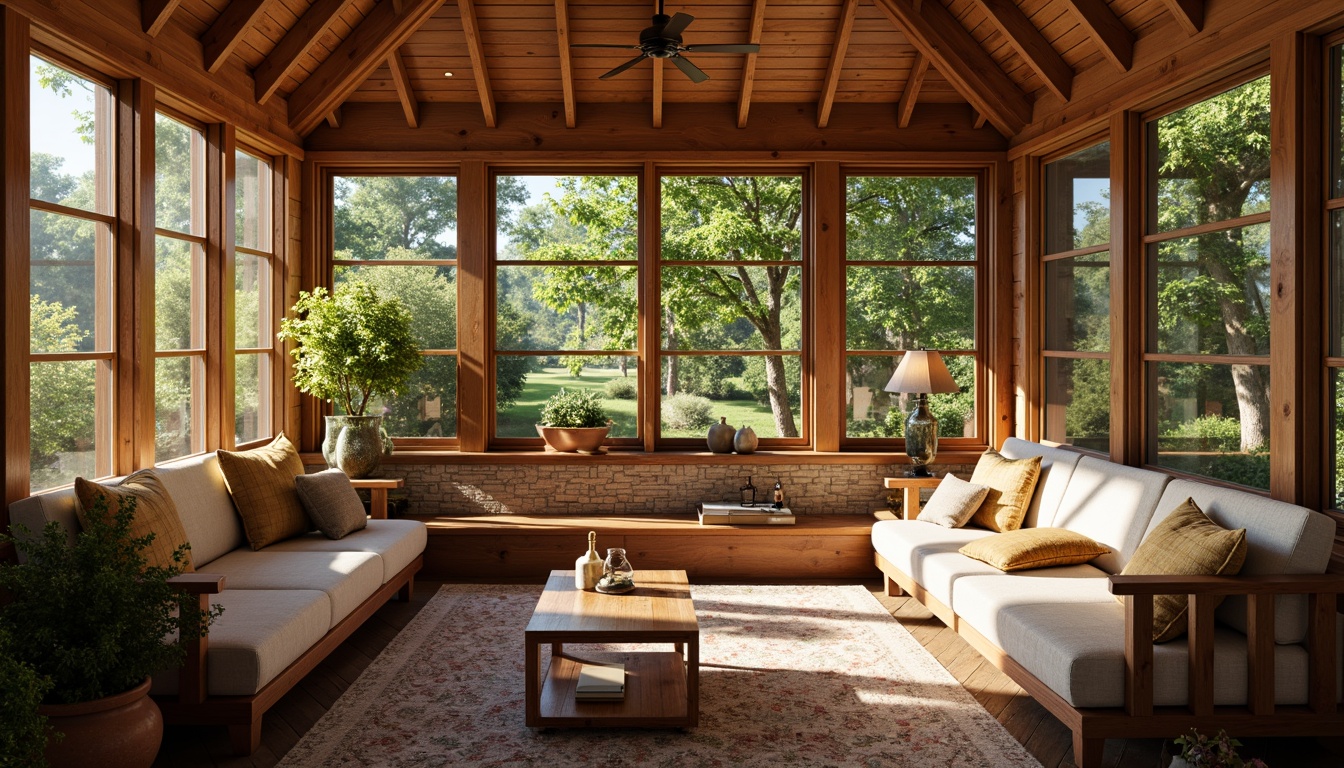 Prompt: Cozy sunroom, wooden beam ceiling, large windows, natural stone walls, earthy color palette, warm textiles, plush furnishings, Craftsman style decor, vintage decorative trims, rustic wood accents, greenery views, sunny afternoon, soft warm lighting, shallow depth of field, 1/2 composition, inviting atmosphere, realistic wood textures, ambient occlusion.