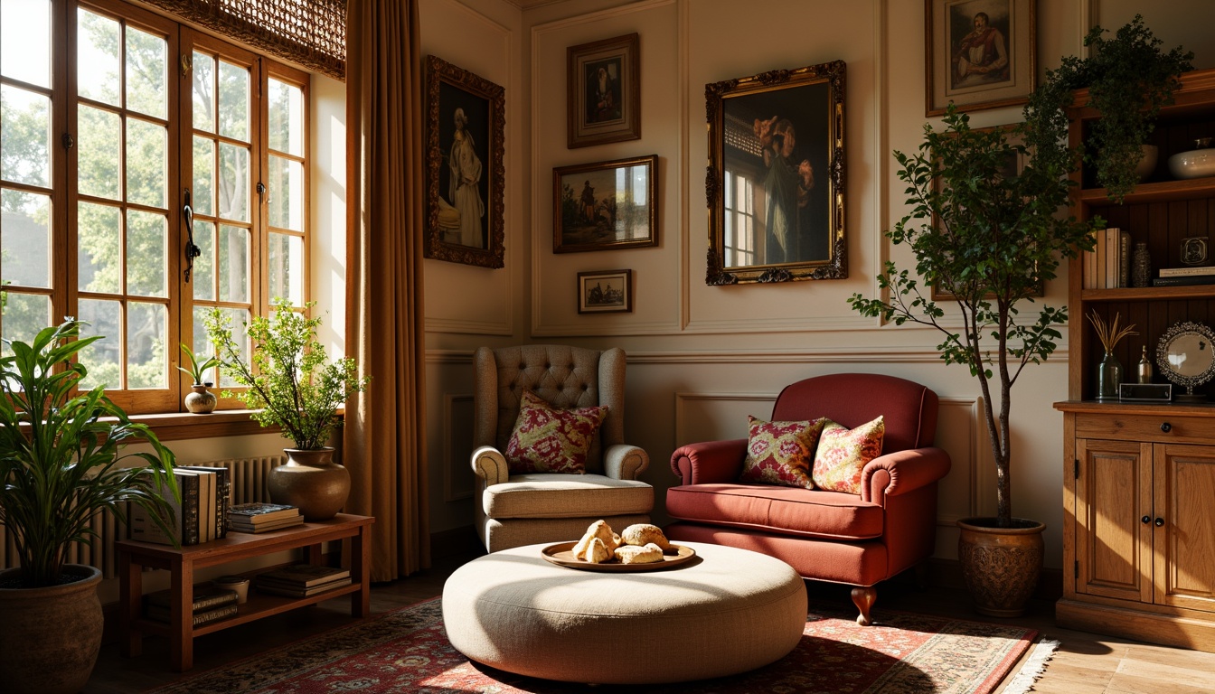 Prompt: Cozy reading nook, plush velvet armchair, soft golden lighting, warm beige walls, rich wood accents, intricate carvings, ornate mirrors, luxurious fabrics, delicate lace trimmings, vintage decorative objects, eclectic artwork, colorful throw pillows, rustic wooden shelves, lush greenery, natural stone flooring, comfortable oversized ottoman, serene atmosphere, 1/1 composition, shallow depth of field, warm color palette.