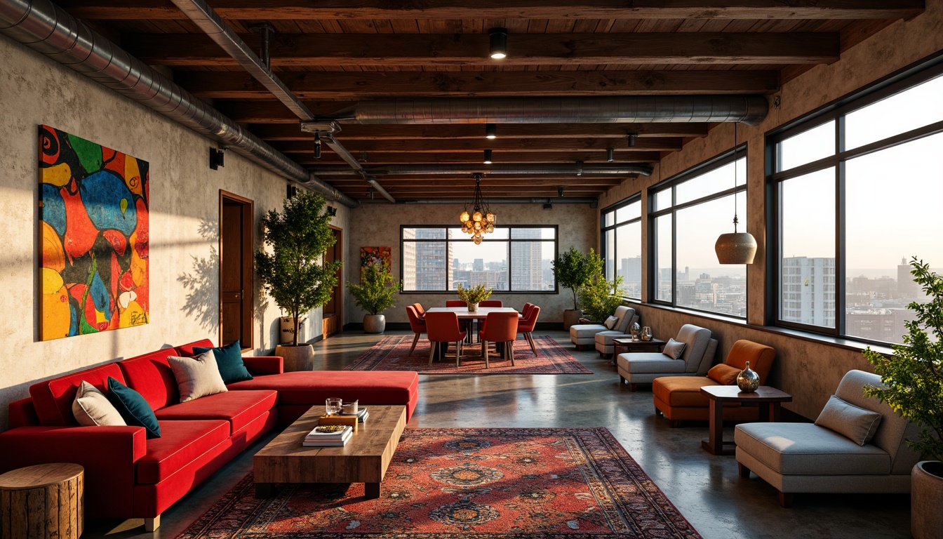 Prompt: Vibrant eclectic penthouse, rich velvet fabrics, bold colorful patterns, distressed wood accents, industrial metal beams, eclectic art pieces, lavish chandeliers, plush area rugs, natural stone walls, floor-to-ceiling windows, panoramic city views, warm golden lighting, soft focus, shallow depth of field, 2/3 composition, moody atmospheric rendering, high-contrast textures.