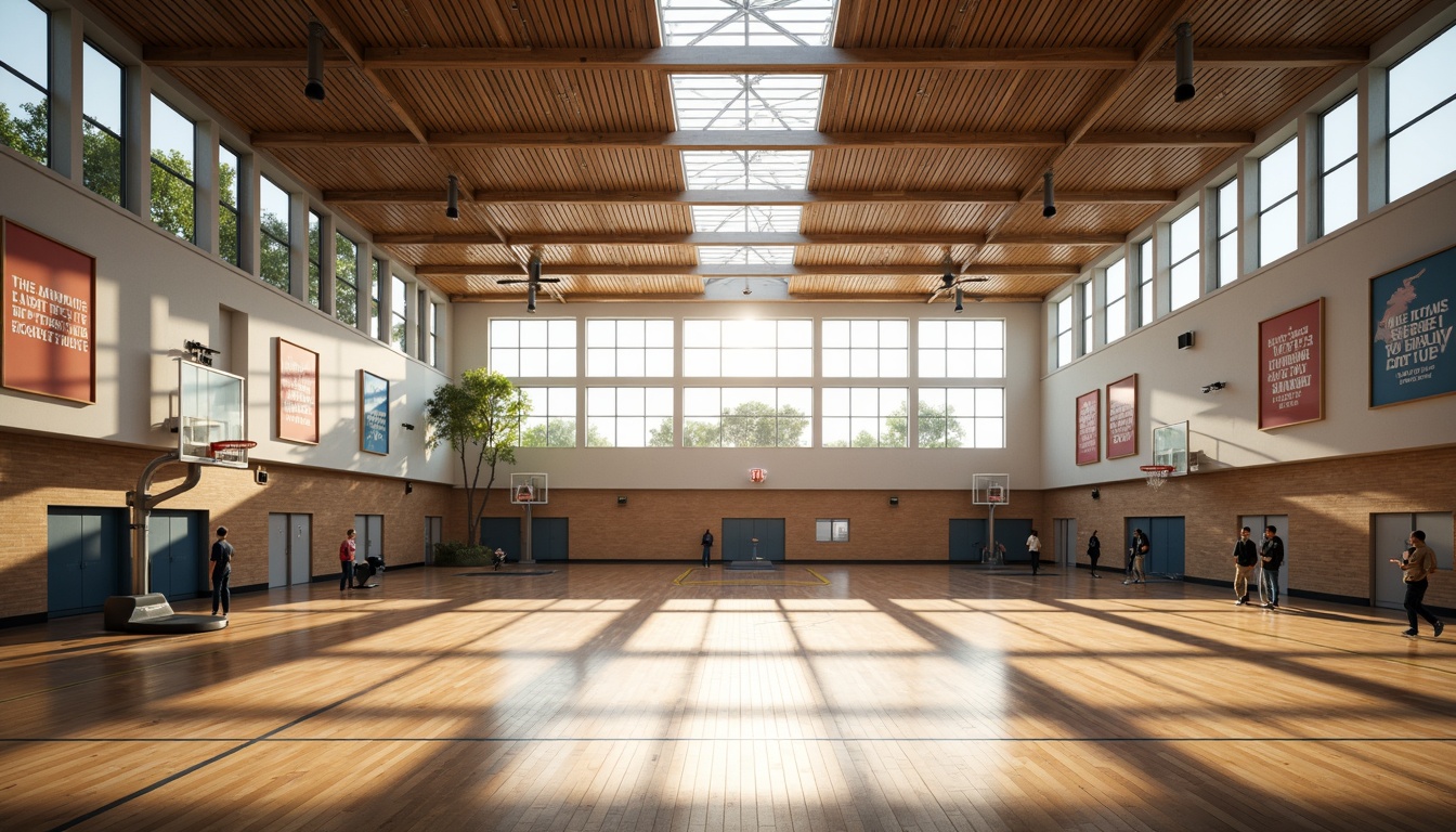 Prompt: Brightly lit gymnasium interior, high ceilings, large windows, clerestory windows, natural light pouring in, wooden flooring, sports equipment, basketball hoops, tennis courts, athletic tracks, motivational quotes, inspirational posters, modern architecture, sleek lines, minimal ornamentation, functional design, open spaces, airy atmosphere, soft warm lighting, shallow depth of field, 3/4 composition, panoramic view, realistic textures, ambient occlusion.