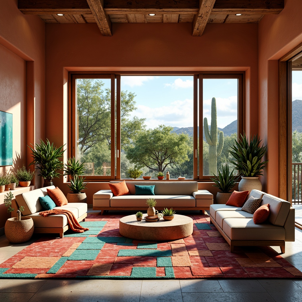 Prompt: Vibrant southwestern living room, rich turquoise accents, plush wool textiles, patterned rugs, woven baskets, natural fiber upholstery, earthy terracotta walls, wooden beam ceilings, large windows, sliding glass doors, desert botanicals, cactus plants, warm sunny day, soft warm lighting, shallow depth of field, 3/4 composition, panoramic view, realistic textures, ambient occlusion.