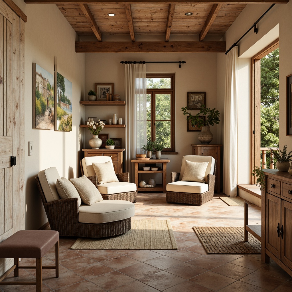 Prompt: Rustic wooden floors, distressed finishes, warm beige tones, soft creamy whites, traditional French country charm, vintage-inspired decor, natural stone accents, earthy terracotta tiles, woven wicker furniture, plush area rugs, cozy reading nooks, whimsical wall murals, bright sunny lighting, shallow depth of field, 1/1 composition, panoramic view, realistic textures, ambient occlusion.