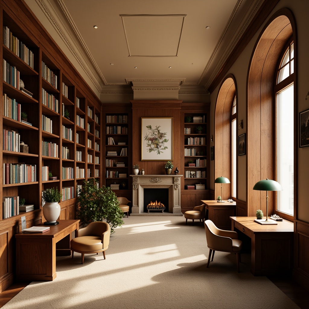 Prompt: Rich wood tones, comfortable reading nooks, warm beige carpets, earthy brown bookshelves, soft cream-colored walls, cozy study corners, elegant wooden desks, vintage leather armchairs, classic green lamps, subtle natural textures, calming atmosphere, muted color scheme, warm task lighting, 1/1 composition, realistic rendering, ambient occlusion.