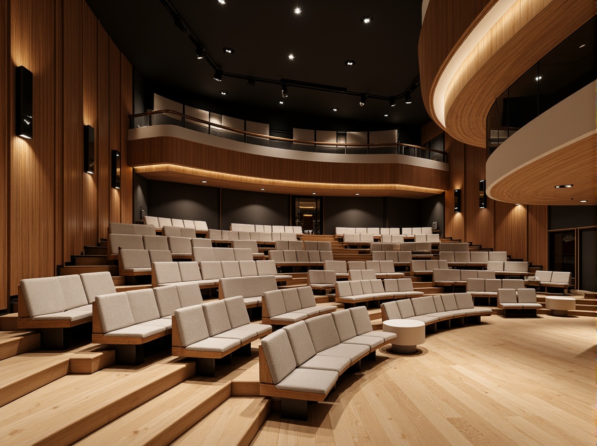 Prompt: Streamlined modern auditorium, sleek curved lines, minimalist decor, polished wooden floors, comfortable seating arrangement, tiered platforms, premium fabric upholstery, subtle ambient lighting, warm neutral color palette, acoustic panels, state-of-the-art sound systems, panoramic views, 3/4 composition, shallow depth of field, realistic textures, ambient occlusion.