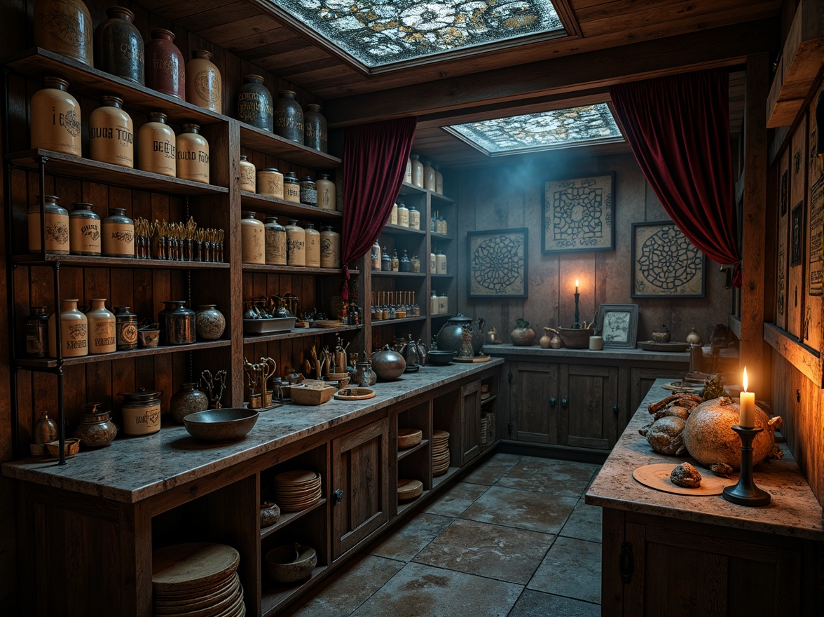 Prompt: Dark academia-inspired pantry, distressed wood shelves, ornate metal brackets, vintage apothecary jars, mysterious artifact displays, eerie candlelight, worn stone countertops, rustic wooden utensils, antique kitchenware, mystical symbols etched on walls, lavish velvet drapes, rich jewel-toned colors, dramatic chiaroscuro lighting, 1/2 composition, atmospheric fog, cinematic realism.