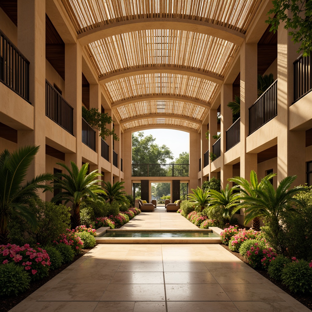 Prompt: Serenely lit memorial center, lush tropical gardens, exotic palm trees, vibrant hibiscus flowers, warm beige stone walls, wooden accents, natural bamboo ceilings, elegant curves, grand entrance gates, tranquil water features, soothing soundscapes, soft diffused lighting, warm golden tones, shallow depth of field, 1/1 composition, panoramic view, realistic textures, ambient occlusion.